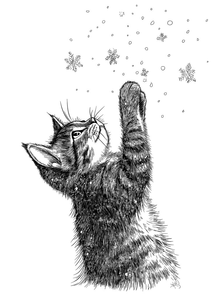 Curious Kitten Playing Joyfully with Falling Snowflakes in a Winter Wonderland Scene Adult Christmas Printable Coloring Pages By Best Printable
