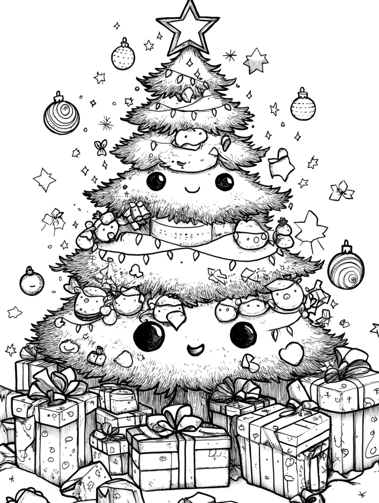 Adorable Smiling Christmas Tree with Festive Ornaments Wrapped Presents and a Starry Sky Background Adult Christmas Printable Coloring Pages By Best Printable