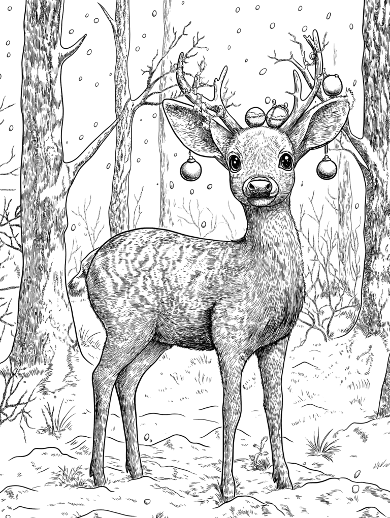 Young Deer with Beautifully Decorated Antlers Standing in a Snowy Forest Surrounded by Bare Trees and Gently Falling Snowflakes Adult Christmas Printable Coloring Pages By Best Printable