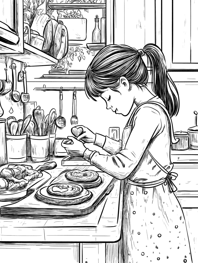 Young Girl Baking Delicious Homemade Pies in a Cozy Kitchen Setting Surrounded by Culinary Utensils and Fresh Ingredients on a Sunny Morning Adult Christmas Printable Coloring Pages By Best Printable