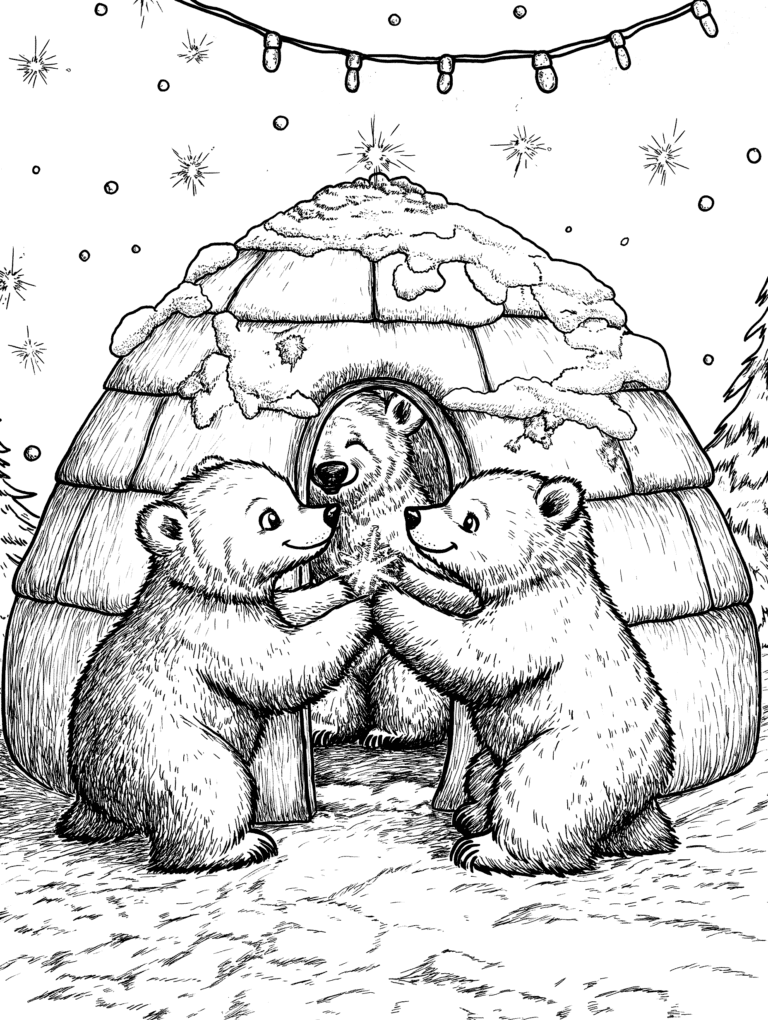 Three Adorable Bear Cubs Playfully Holding Hands in a Snowy Winter Wonderland in Front of a Cozy Ice Igloo Decorated with Twinkling Holiday Lights and Surrounded by Glowing Stars in the Night Sky Adult Christmas Printable Coloring Pages By Best Printable
