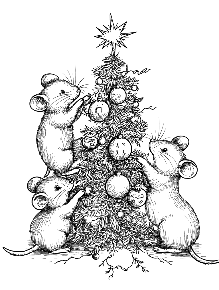 Three Adorable Mice Decorating a Charming Christmas Tree with Shiny Ornaments and a Sparkling Star Adorning the Top Among Delicate Branches in a Festive Holiday Scene Adult Christmas Printable Coloring Pages By Best Printable