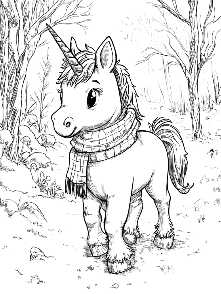 Adorable Unicorn Wrapped in a Cozy Scarf Walking Through a Frosty Winter Forest Surrounded by Bare Trees and Snow-Covered Ground Adult Christmas Printable Coloring Pages By Best Printable