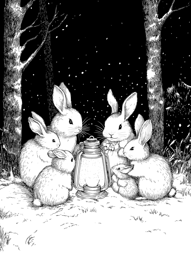Charming Woodland Gathering of Five Fluffy Bunnies Sitting Around a Glowing Lantern Under a Starry Night Sky Surrounded by Tall Trees and Gentle Snowfall Adult Christmas Printable Coloring Pages By Best Printable