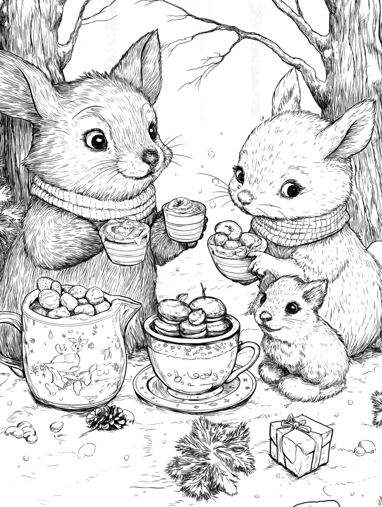 Woodland Creatures Enjoying a Cozy Wintertime Hot Chocolate Picnic Under Bare Winter Trees with Cups of Marshmallow-Topped Cocoa and a Decorative Snowflake Teapot Surrounded by Pine Cones and a Gift Box Adult Christmas Printable Coloring Pages By Best Printable