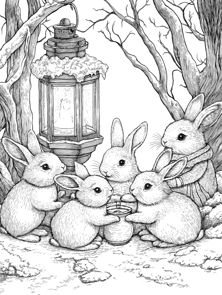 Five Adorable Bunnies Gathered Under a Rustic Lantern in a Snow-Covered Winter Woodland Scene Surrounded by Tall Leafless Trees and Sharing a Cozy Warm Drink Adult Christmas Printable Coloring Pages By Best Printable