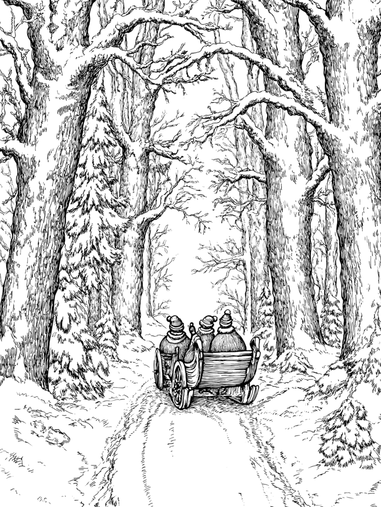 Three Travelers in Cozy Winter Attire Riding a Wooden Cart Along a Snowy Woodland Pathway Surrounded by Majestic Snow-Draped Trees with Twisting Branches Adult Christmas Printable Coloring Pages By Best Printable