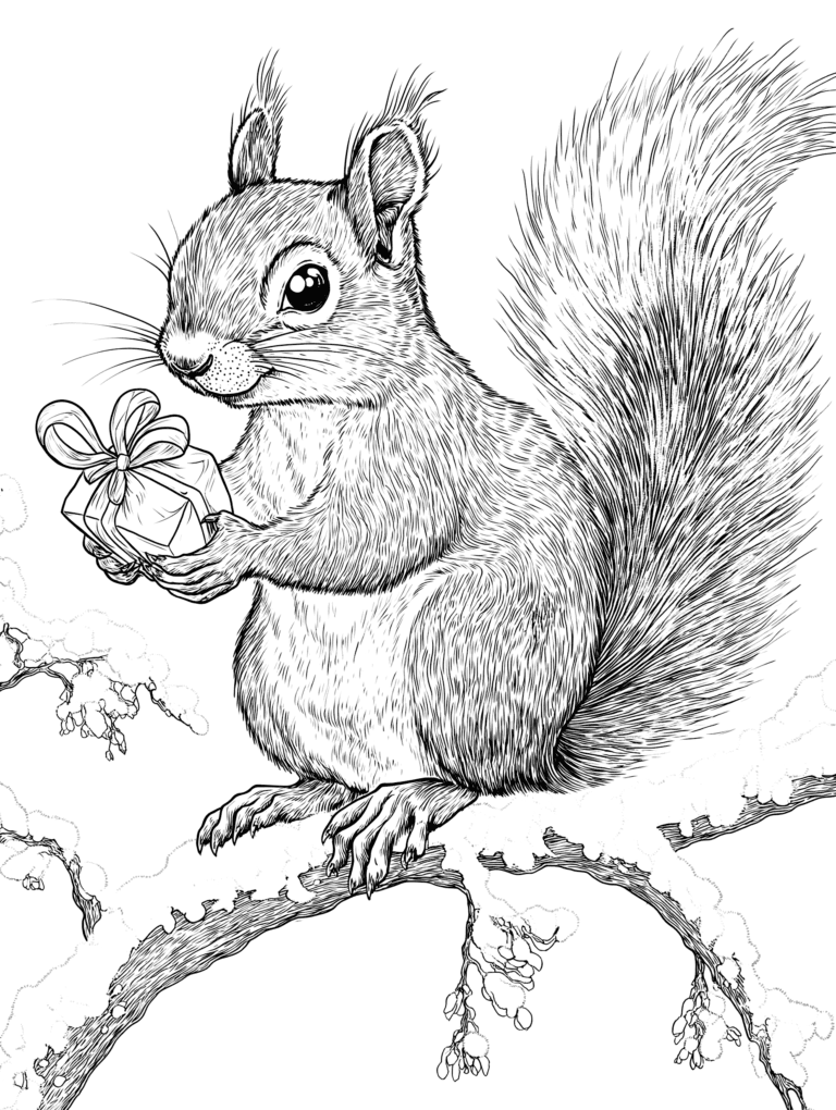 Adorable Fluffy Tailed Squirrel Perched on a Delicate Branch Holding a Charming Little Gift Wrapped with a Bow amid Whimsical Forest Twigs and Leaves Adult Christmas Printable Coloring Pages By Best Printable