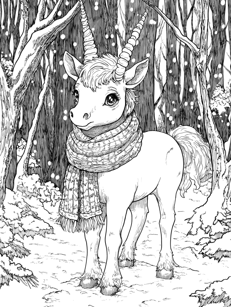 Enchanting Winter Forest Scene with Adorable Scarf-Wearing Unicorn Amidst Gently Falling Snowflakes and Quiet Trees Adult Christmas Printable Coloring Pages By Best Printable