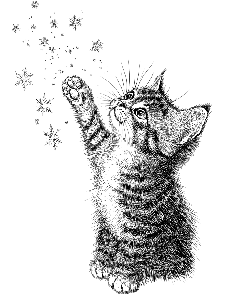 Adorable Fluffy Kitten Playfully Reaching Out with Its Tiny Paw to Catch Falling Snowflakes in a Winter Wonderland Scene Adult Christmas Printable Coloring Pages By Best Printable