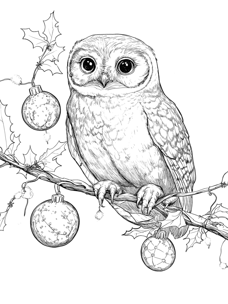 Wide-Eyed Owl Perched on a Festive Branch with Intricate Holly Leaves and Delicate Christmas Ornaments Adult Christmas Printable Coloring Pages By Best Printable