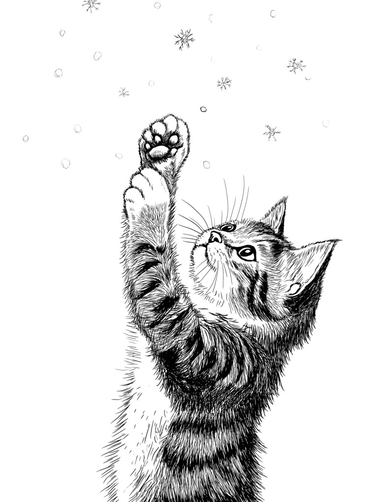 Playful Kitten Reaching Upward with Curious Eyes Toward Gently Falling Snowflakes in a Whimsical Winter Scene Adult Christmas Printable Coloring Pages By Best Printable