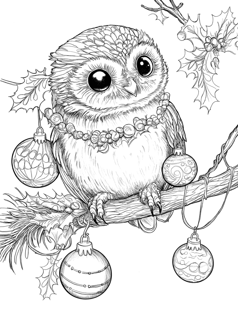 Adorable Wide-Eyed Owl Perched on a Festive Tree Branch Adorned with Gleaming Ornaments and Surrounded by Delicate Holly Leaves and Berries in a Wintry Scene Adult Christmas Printable Coloring Pages By Best Printable