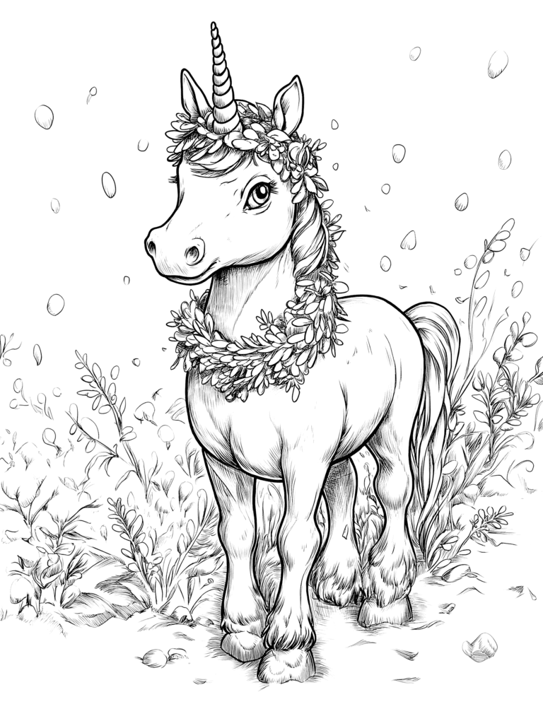 Graceful Unicorn Adorned with a Floral Crown and Garland Standing Amidst Delicate Wildflowers Under a Gently Falling Petal Shower Adult Christmas Printable Coloring Pages By Best Printable