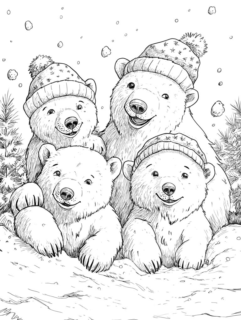 Adorable Fluffy Polar Bear Family Enjoying a Snowy Day with Warm Knitted Winter Hats and Falling Snowflakes in a Woodland Setting Adult Christmas Printable Coloring Pages By Best Printable