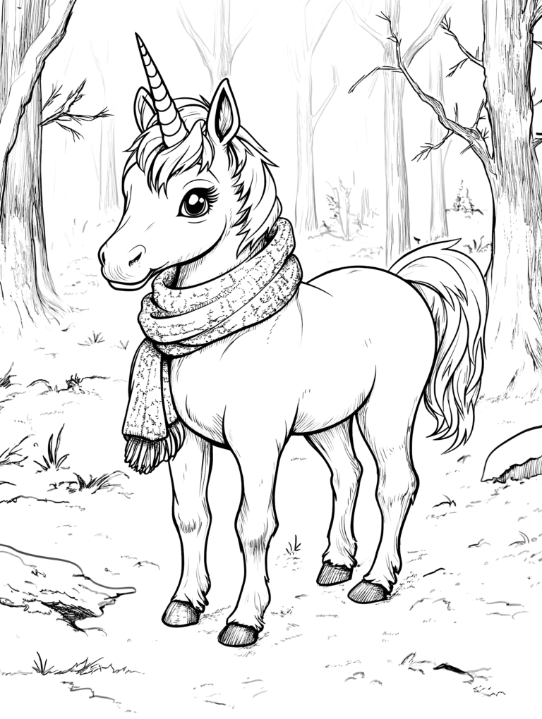 Charming Unicorn with Cozy Scarf Wandering Through a Wintry Forest Filled with Bare Trees and Softly Falling Snow in a Serene and Enchanting Woodland Scene Adult Christmas Printable Coloring Pages By Best Printable