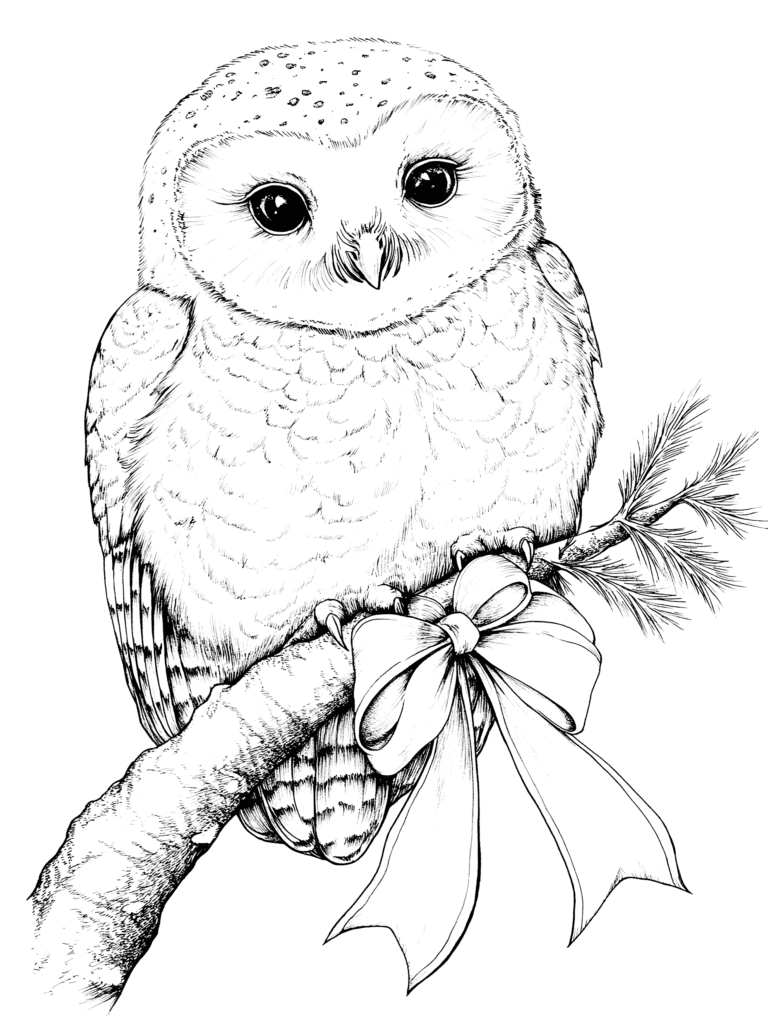 Charming Owl Perched Gracefully on a Sturdy Tree Branch with Intricate Feathers and Soft Eyes Adorned with Elegant Bow and Delicate Spruce Needles Adult Christmas Printable Coloring Pages By Best Printable