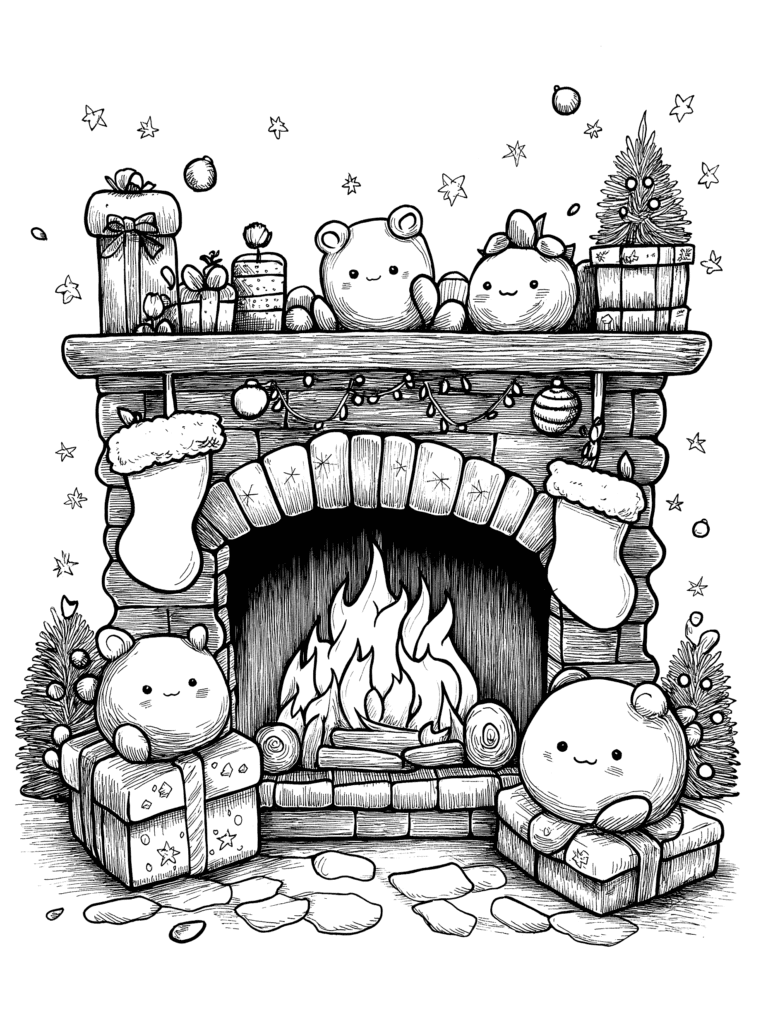 Cozy Winter Fireplace Scene with Cute Bear Characters Surrounded by Gift Boxes Twinkling Stars and Christmas Trees Adorned with Stockings and Baubles Adult Christmas Printable Coloring Pages By Best Printable