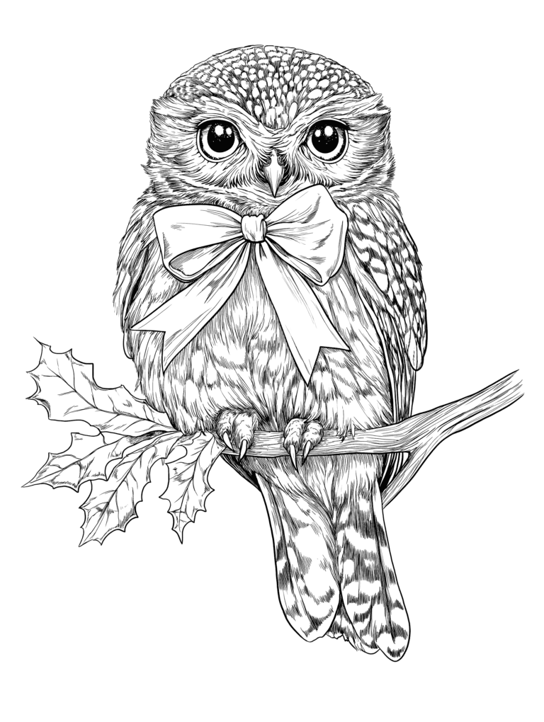 Delightful Owl Perched Gracefully on a Branch Adorned with a Large Bow and Holly Leaves Capturing the Essence of Woodland Charm Adult Christmas Printable Coloring Pages By Best Printable
