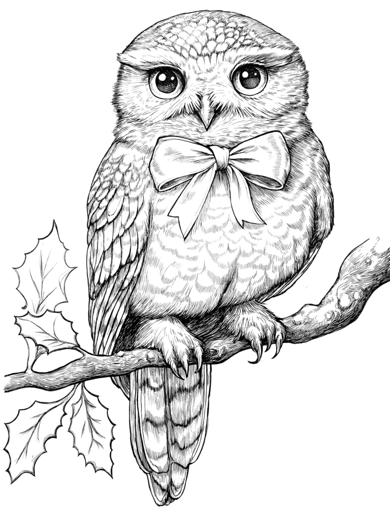 Regal Owl Perched Gracefully on a Branch Adorned with a Large Bow and Surrounded by Delicate Holly Leaves in an Elegant Winter Scene Adult Christmas Printable Coloring Pages By Best Printable