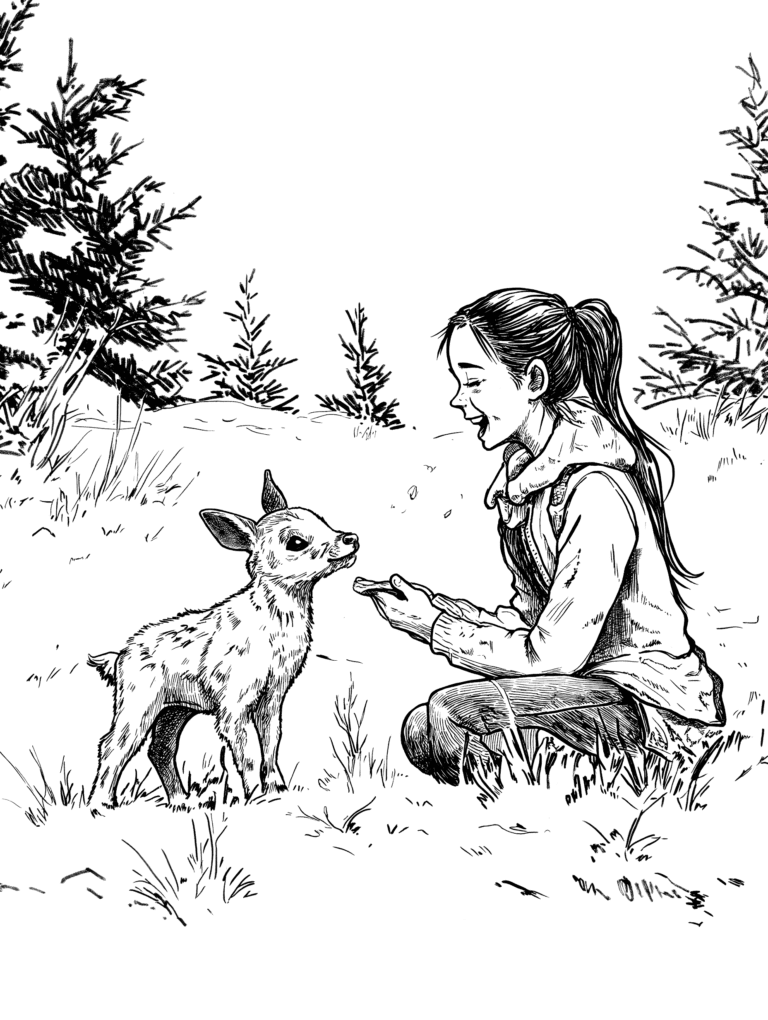 Young Girl in Warm Clothes Gently Feeding a Curious Fawn in a Snowy Forest Meadow Surrounded by Snow-Covered Evergreen Trees Adult Christmas Printable Coloring Pages By Best Printable