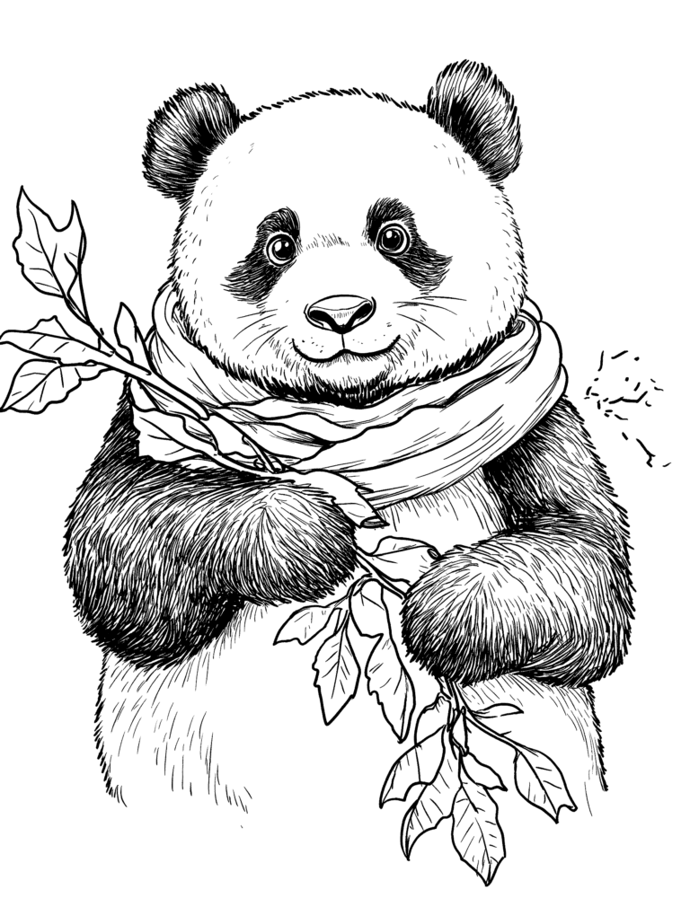 Friendly Panda Holding a Leafy Branch Wrapped in a Cozy Scarf with a Cheerful Expression and Bright Eyes Adult Christmas Printable Coloring Pages By Best Printable