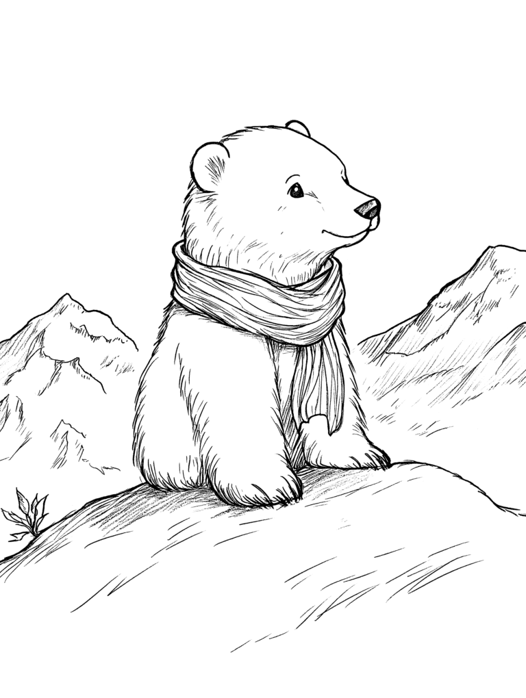 Adorable Bear Wearing a Cozy Scarf Sitting on a Rock Amidst Majestic Snowy Mountains and Delicate Leaves in a Tranquil Winter Scene Adult Christmas Printable Coloring Pages By Best Printable