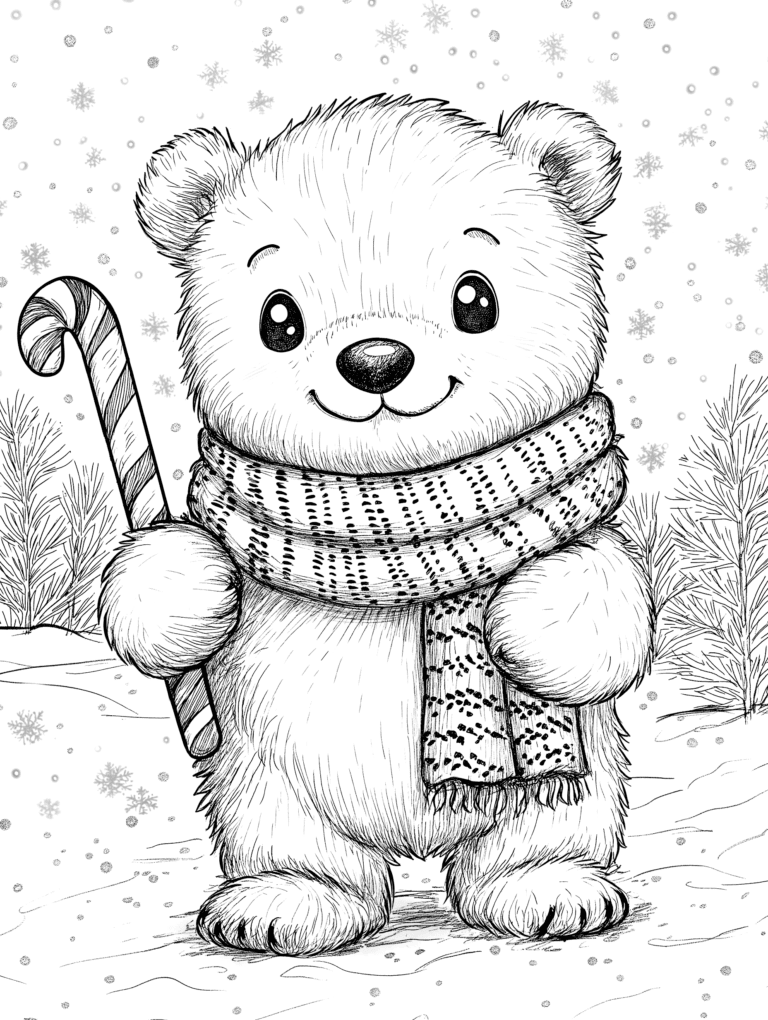 Adorable Fluffy Bear Cub in Cozy Striped Scarf Holding a Festive Candy Cane Surrounded by Falling Snowflakes and Pine Trees in a Winter Wonderland Adult Christmas Printable Coloring Pages By Best Printable