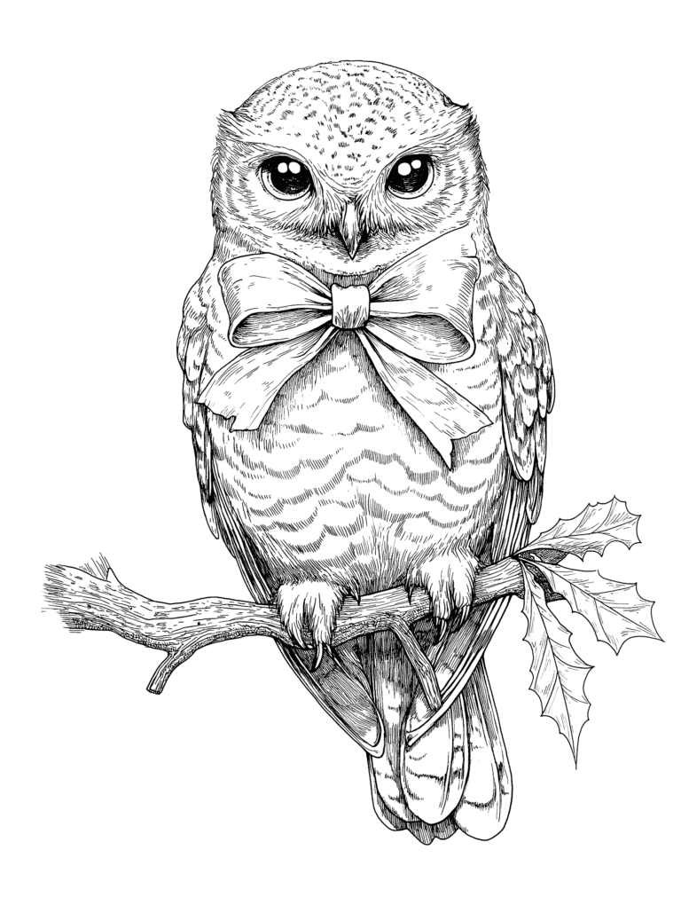 Adorable Wide-Eyed Owl Perched Gracefully on a Tree Branch Wearing a Large Elegant Bow Next to Crisp Holly Leaves with Intricate Feather Details and Gentle Lines Adult Christmas Printable Coloring Pages By Best Printable