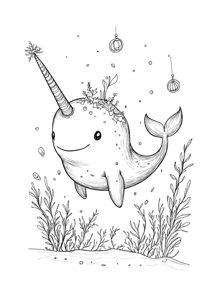 Playful Narwhal Joyfully Swimming Among Marine Plants and Delicately Hanging Ornaments in a Magical Underwater Wonderland Adult Christmas Printable Coloring Pages By Best Printable
