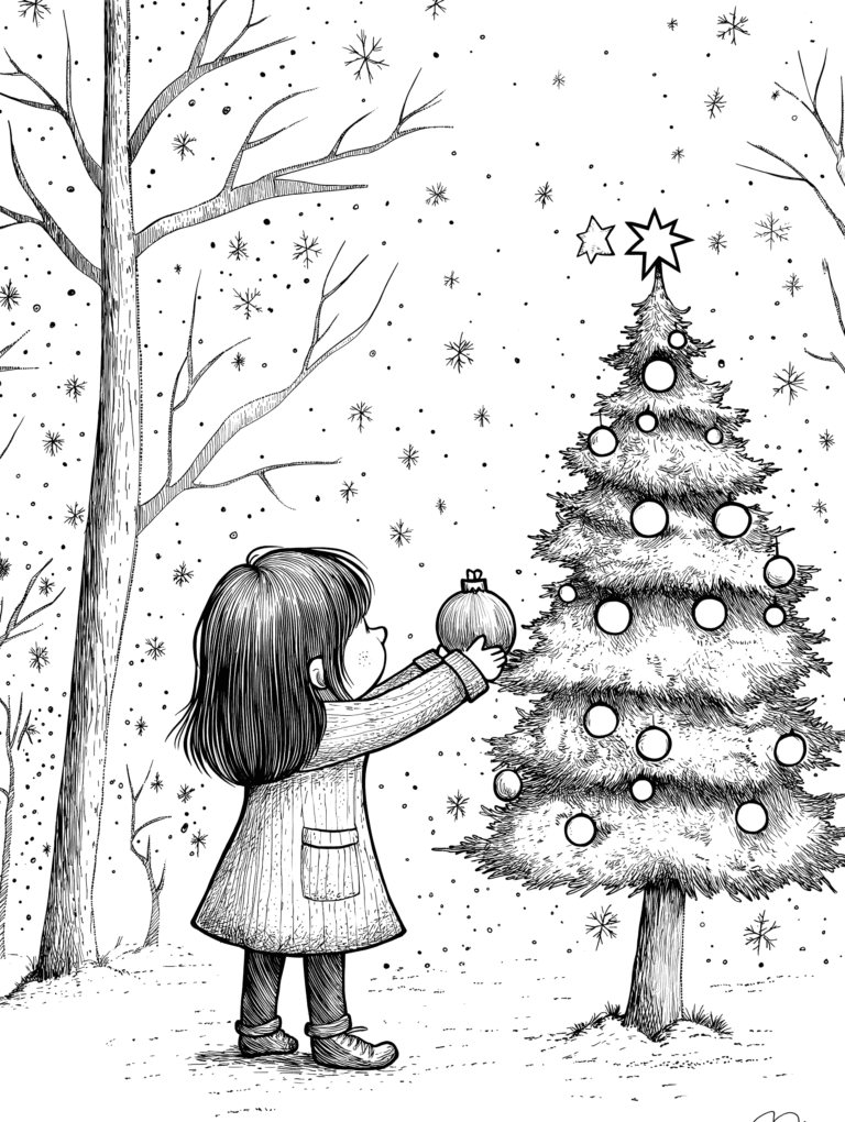 Young Girl Adorning a Snow Covered Christmas Tree with Shimmering Ornaments Amidst Falling Snowflakes in a Serene Winter Forest Setting Adult Christmas Printable Coloring Pages By Best Printable