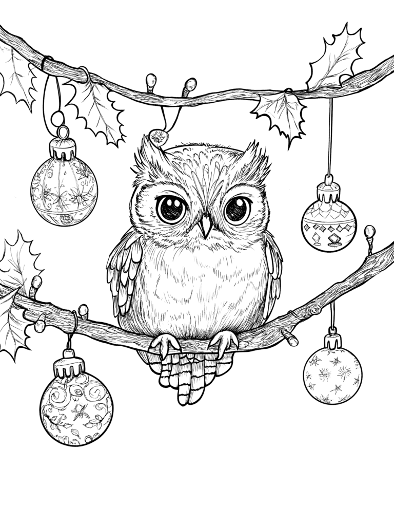 Adorable Owl Perched on a Holly Branch Adorned with Intricate Decorated Christmas Baubles in a Festive Nature Scene Adult Christmas Printable Coloring Pages By Best Printable