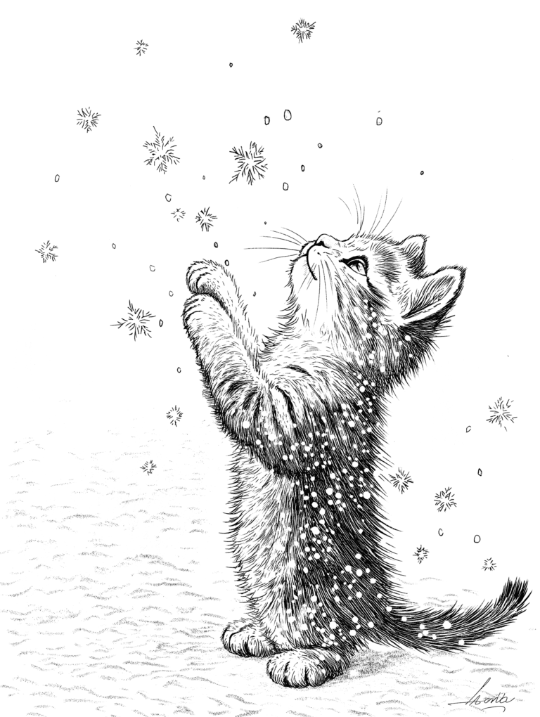 Playful Kitten Marvels at Falling Snowflakes in a Winter Wonderland Featuring Fluffy Fur and Delicate Snowy Details Against a Serene Background Adult Christmas Printable Coloring Pages By Best Printable