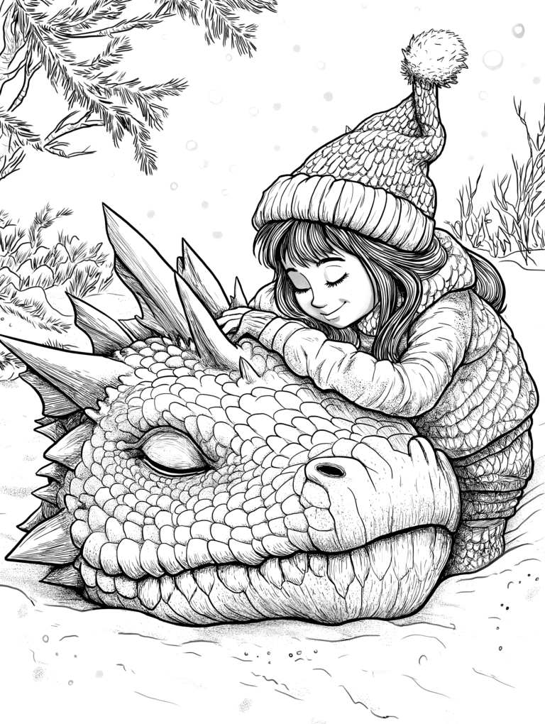 Young Girl in Cozy Winter Clothes Gently Cuddling with a Slumbering Dragon in Peaceful Snowy Forest Landscape with Delicate Pine Branches Overhead Adult Christmas Printable Coloring Pages By Best Printable