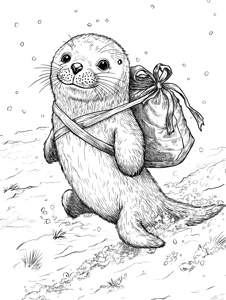 Playful Young Sea Otter Exploring a Snowy Landscape with a Bundle Tied to Its Back and Gentle Flakes Falling All Around Adult Christmas Printable Coloring Pages By Best Printable