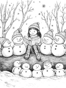 A Cozy Winter Gathering A Little Girl Reading a Book Aloud While Surrounded by Cheerful Snowmen of Various Sizes Perched on a Snowy Log Amidst a Serene Forest of Leafless Trees with Gently Falling Snowflakes Creating a Whimsical and Tranquil Scene Adult Christmas Printable Coloring Pages By Best Printable