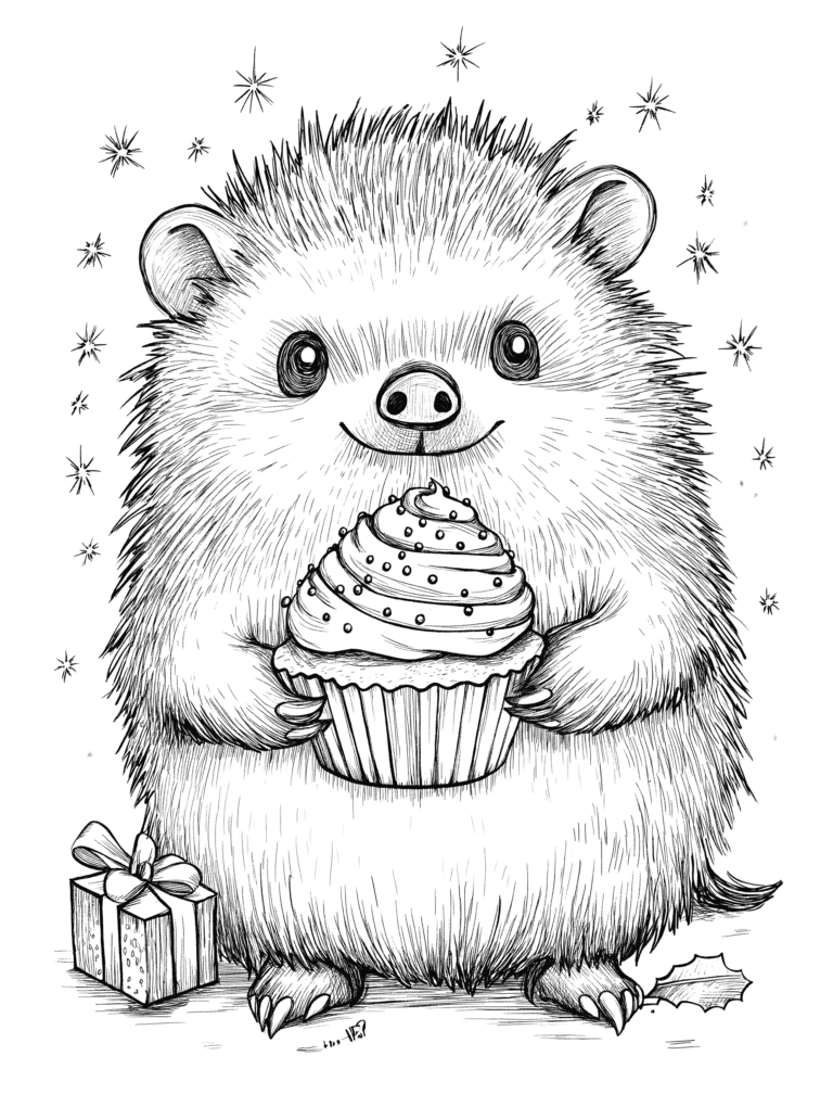 Adorable Fluffy Hedgehog Joyfully Holding Decorated Cupcake amidst Sparkling Stars with Festive Gift Box and Holly Leaves in a Whimsical Holiday Scene Adult Christmas Printable Coloring Pages By Best Printable