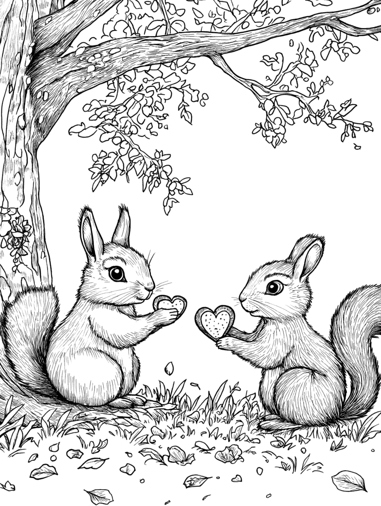 Adorable Squirrel Pair Sharing Heart-Shaped Treats Under a Majestic Tree with Delicate Branches and Gentle Leaves in a Charming Forest Clearing Adult Christmas Printable Coloring Pages By Best Printable