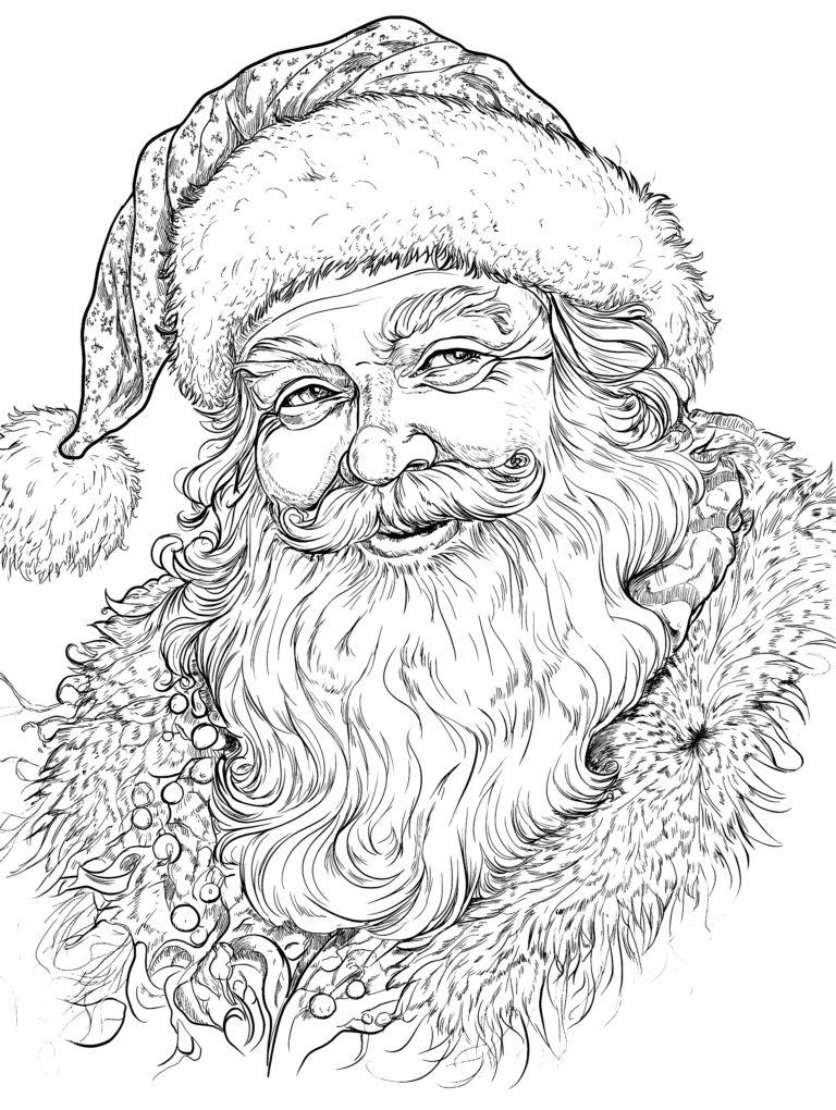 Jolly Bearded Man in a Festive Fluffy Hat with Warm Fur Coat and Cheerful Expression Surrounded by Holiday Decorations Adult Christmas Printable Coloring Pages By Best Printable
