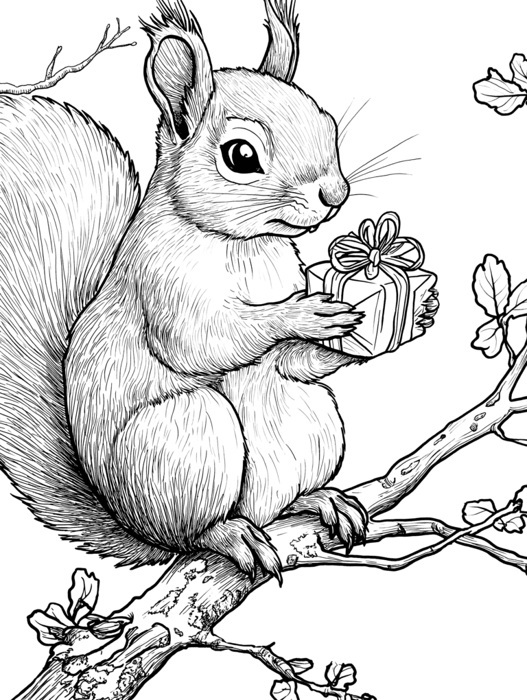 Adorable Squirrel Perched on a Branch Holding a Decoratively Wrapped Gift with Curved Ribbon in Serene Woodland Setting Adult Christmas Printable Coloring Pages By Best Printable