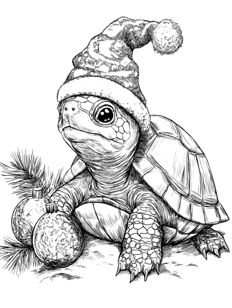Festive Turtle in a Santa Hat with Christmas Ornaments Surrounded by Pine Branches on a Wintery Holiday-Themed Scene Adult Christmas Printable Coloring Pages By Best Printable