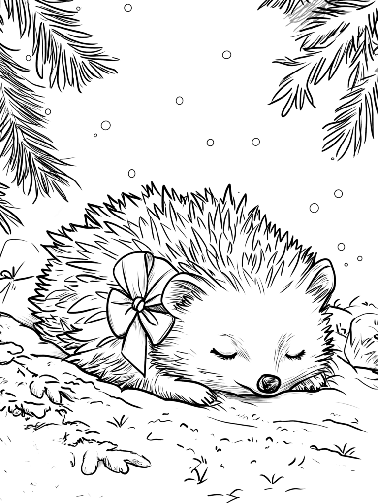 Adorable Hedgehog with a Cute Bow Sleeping Peacefully on a Snow-Covered Forest Floor Surrounded by Gently Falling Snowflakes and Evergreen Branches Adult Christmas Printable Coloring Pages By Best Printable