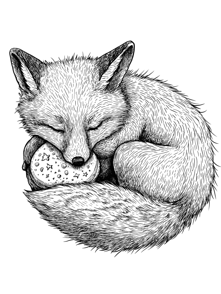Sleepy Little Fox Cuddling a Starry Moon Cookie in a Peaceful Woodland Scene Adult Christmas Printable Coloring Pages By Best Printable
