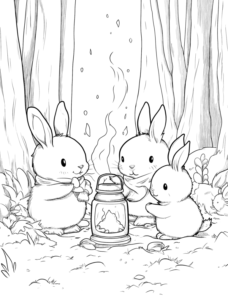 Charming Rabbits Gathering Around a Lantern in a Peaceful Forest Clearing Surrounded by Tall Trees on a Crisp Autumn Night Adult Christmas Printable Coloring Pages By Best Printable