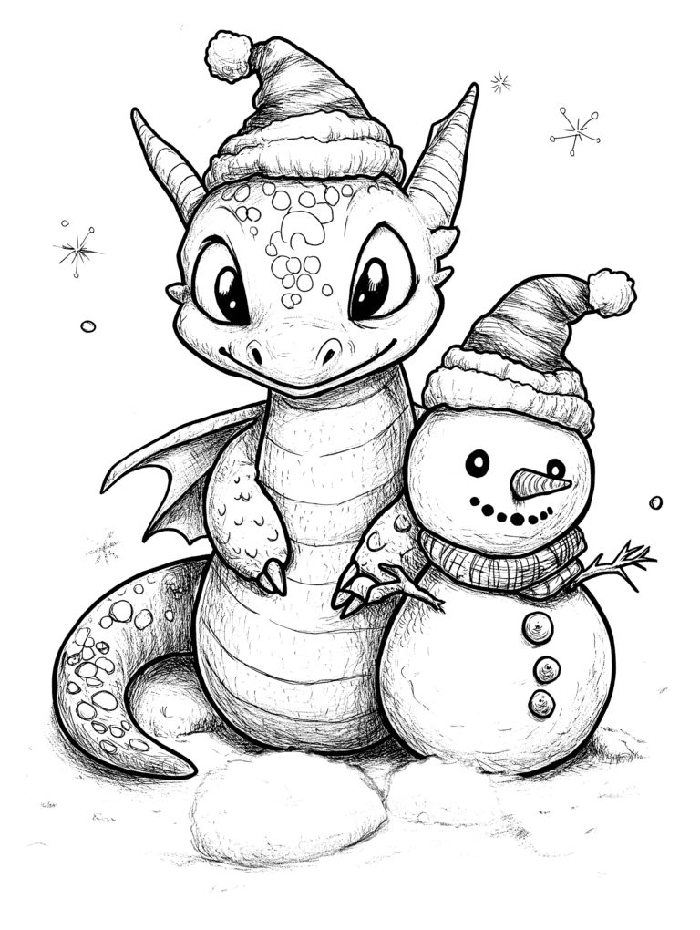Friendly Dragon Hugging a Smiling Snowman Both Wearing Cozy Winter Hats in a Snowy Scene with Falling Snowflakes Adult Christmas Printable Coloring Pages By Best Printable