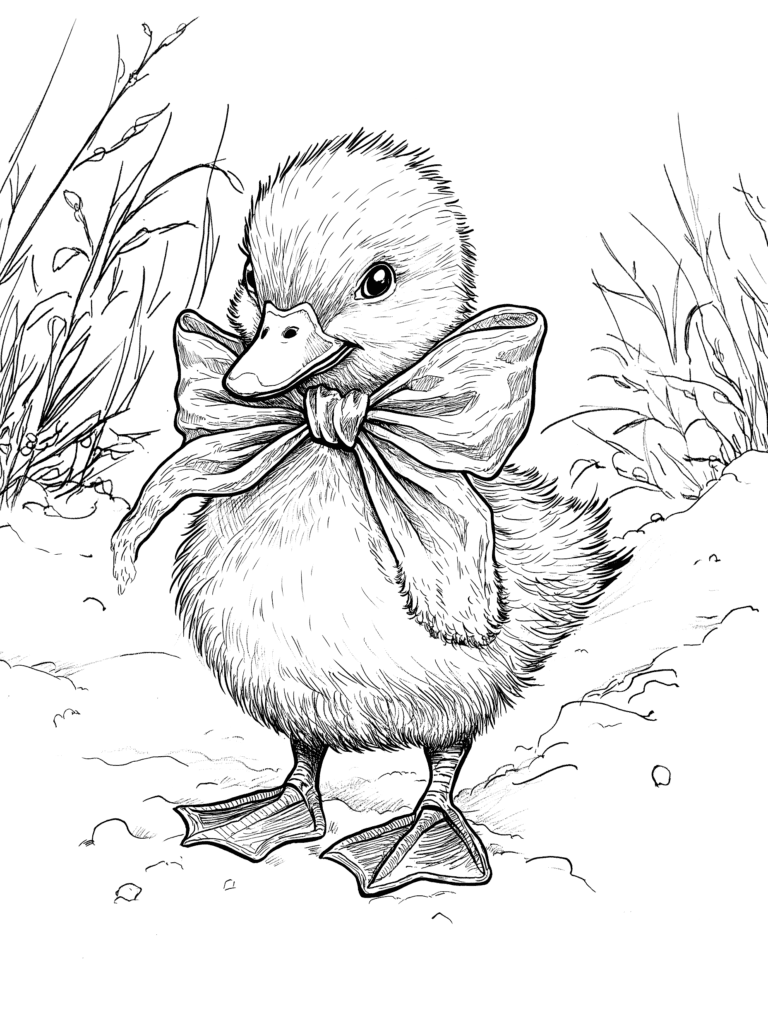 Adorable Fluffy Duckling Wearing a Large Bow Standing in a Meadow Surrounded by Tall Grass and Wildflowers Adult Christmas Printable Coloring Pages By Best Printable