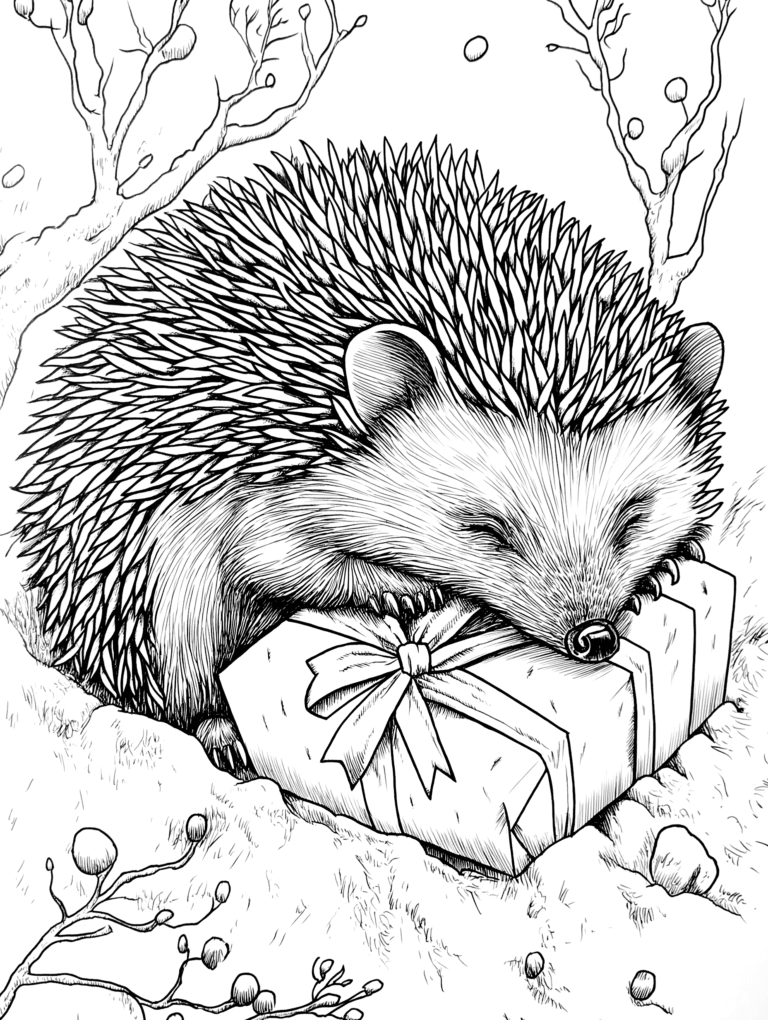 Adorable Sleepy Hedgehog Snuggling a Wrapped Gift Box Amidst a Serene Winter Forest Scene with Bare Trees Snowflakes and Gentle Mushrooms Adult Christmas Printable Coloring Pages By Best Printable
