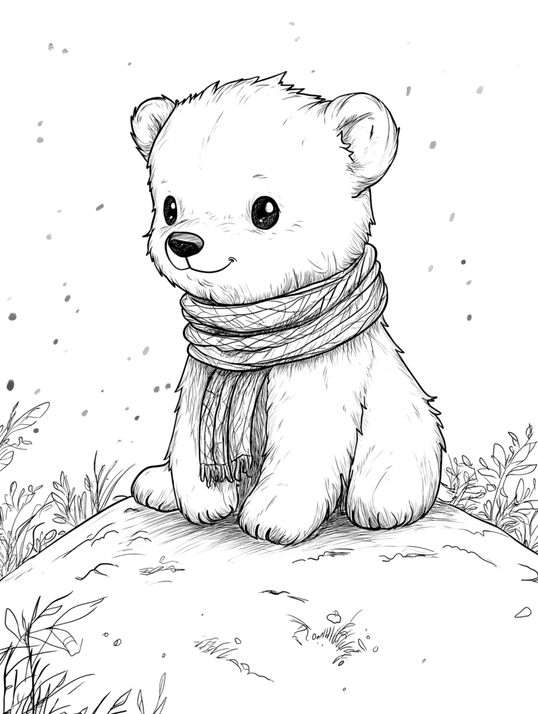 Adorable Fuzzy Bear Cub Sitting on a Hill Wrapped in a Cozy Scarf Amidst Falling Snowflakes and Gentle Winter Breeze in a Peaceful Woodland Scene Adult Christmas Printable Coloring Pages By Best Printable
