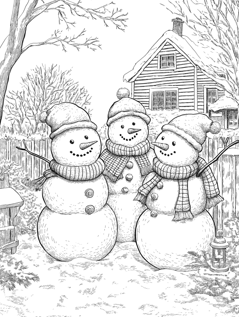 Three Cheerful Snowmen with Cozy Scarves and Hats Standing in a Snowy Yard Next to a Rustic Wooden House and Bare Winter Trees Adult Christmas Printable Coloring Pages By Best Printable