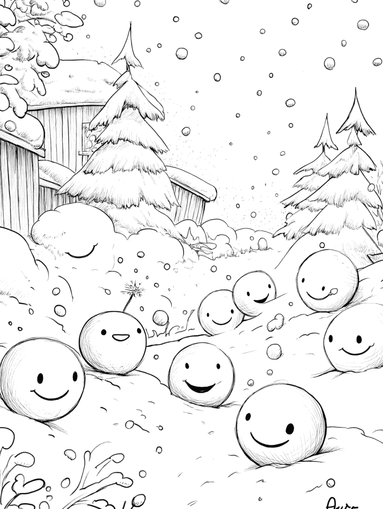 Cheerful Snowball Characters Playing in a Winter Wonderland with Snow Covered Trees and Cozy Cabin in the Background with Falling Snowflakes and Happy Smiling Faces Adult Christmas Printable Coloring Pages By Best Printable
